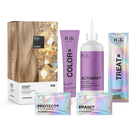 IGK Permanent Hair Dye Color Kit | 9GB Olsens - Light Beige Blonde | 100% Gray Color Coverage + Strengthen + Shine | Ammonia Free