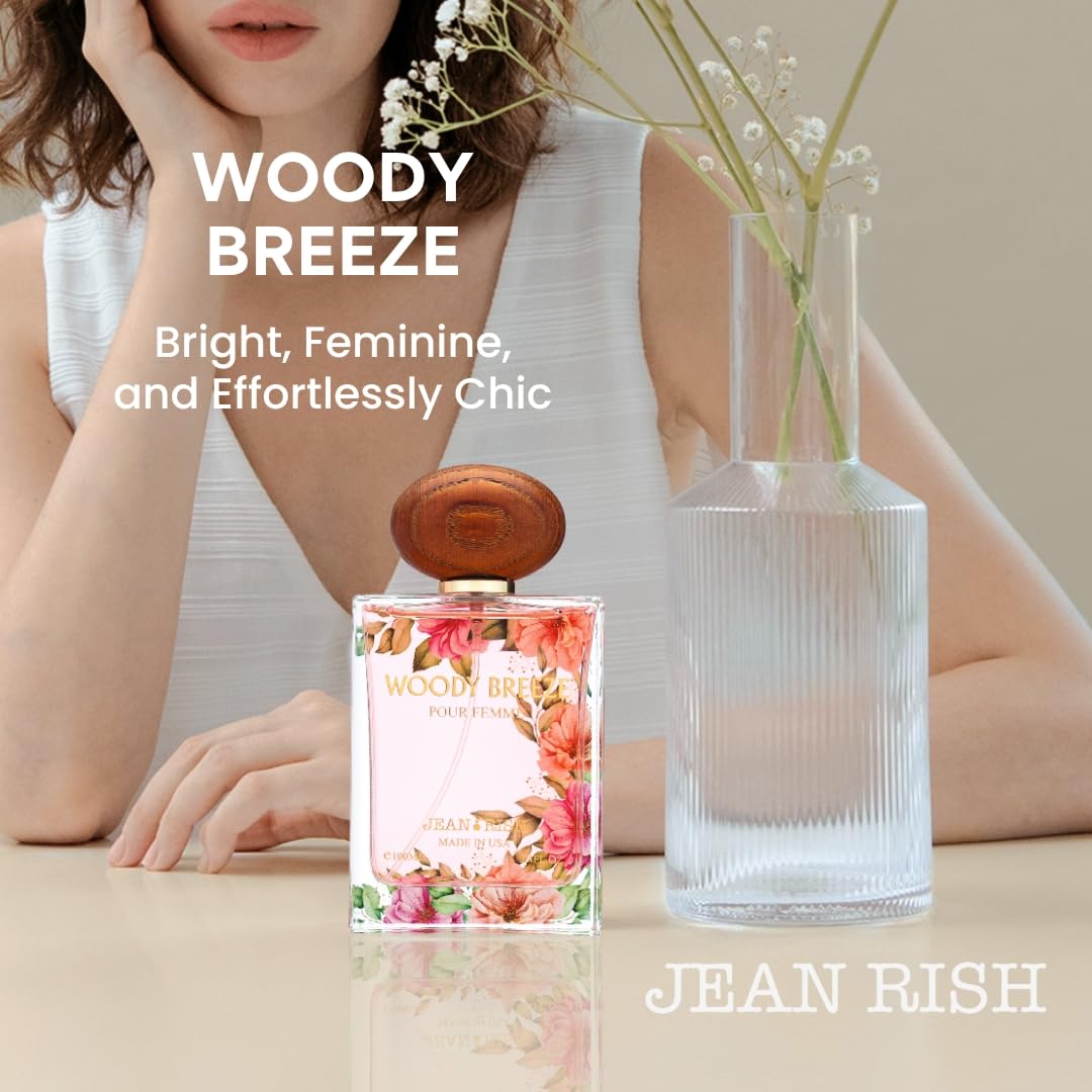 Jean Rish Woody Breeze Perfume for Women Eau De Parfum, Long-Lasting Luxury Fragrance, Made In USA - Pear, Jasmine, Iris, Vanilla, Patchouli Scent - 100ml / 3.4 oz