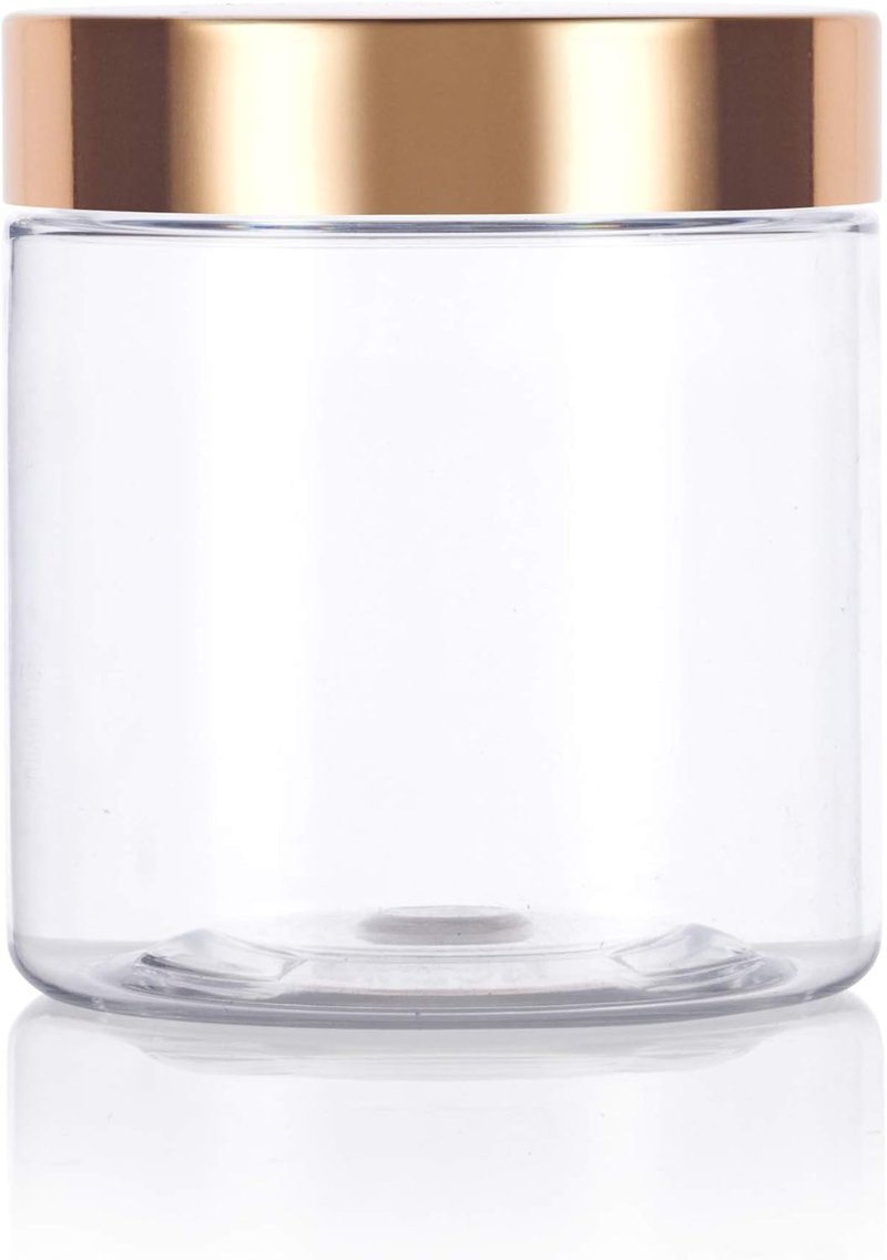Clear PET Plastic Jars - 8 oz Refillable Storage with Luxury Gold Metal Lid | 6 Pack