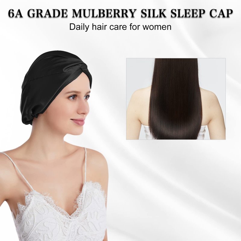 SOBONNY Silk Bonnet for Sleeping 100% Mulberry Silk Sleep Cap for Women Hair Care Night Cap Fixed by The Elastic(1Pc, Black)