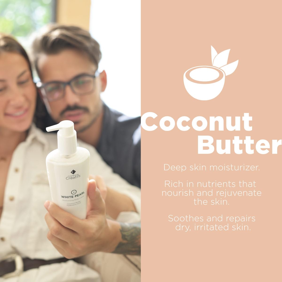 Cosmétiques Créatifs White Pearl Moisturizing Shimmering Body Lotion with Coconut Butter and Hyaluronic Acid, 8.5 fl. oz.