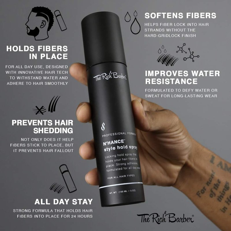 The Rich Barber N’Hance Hold Spray for Hair Building Fibers - Long Lasting Locking & Setting Hold Spray for Natural Concealing Hair Thickening Fibers (5 oz.)