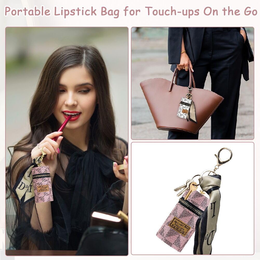 Jaxbo 2 PCS Lipstick Organizer, Leather Lip Gloss Bag with Keychain, Portable Mini Lipstick Case for Lip Gloss, Purse,Mini Perfume