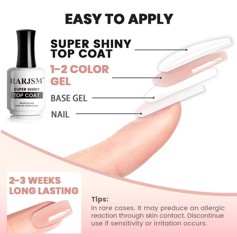 No Hema Top Coat Gel Nail Polish - 35ml Clear Glossy Finish | Long-Lasting Soak Off for Home Salon Manicure