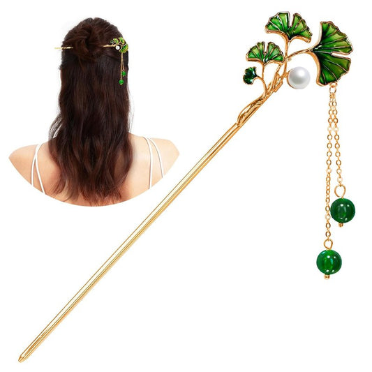 Vintage Ginkgo Leaf Hair Stick - 14k Gold Plated Copper with Enamel & Jade Beads | 6.69-Inch Hair Clip for Women