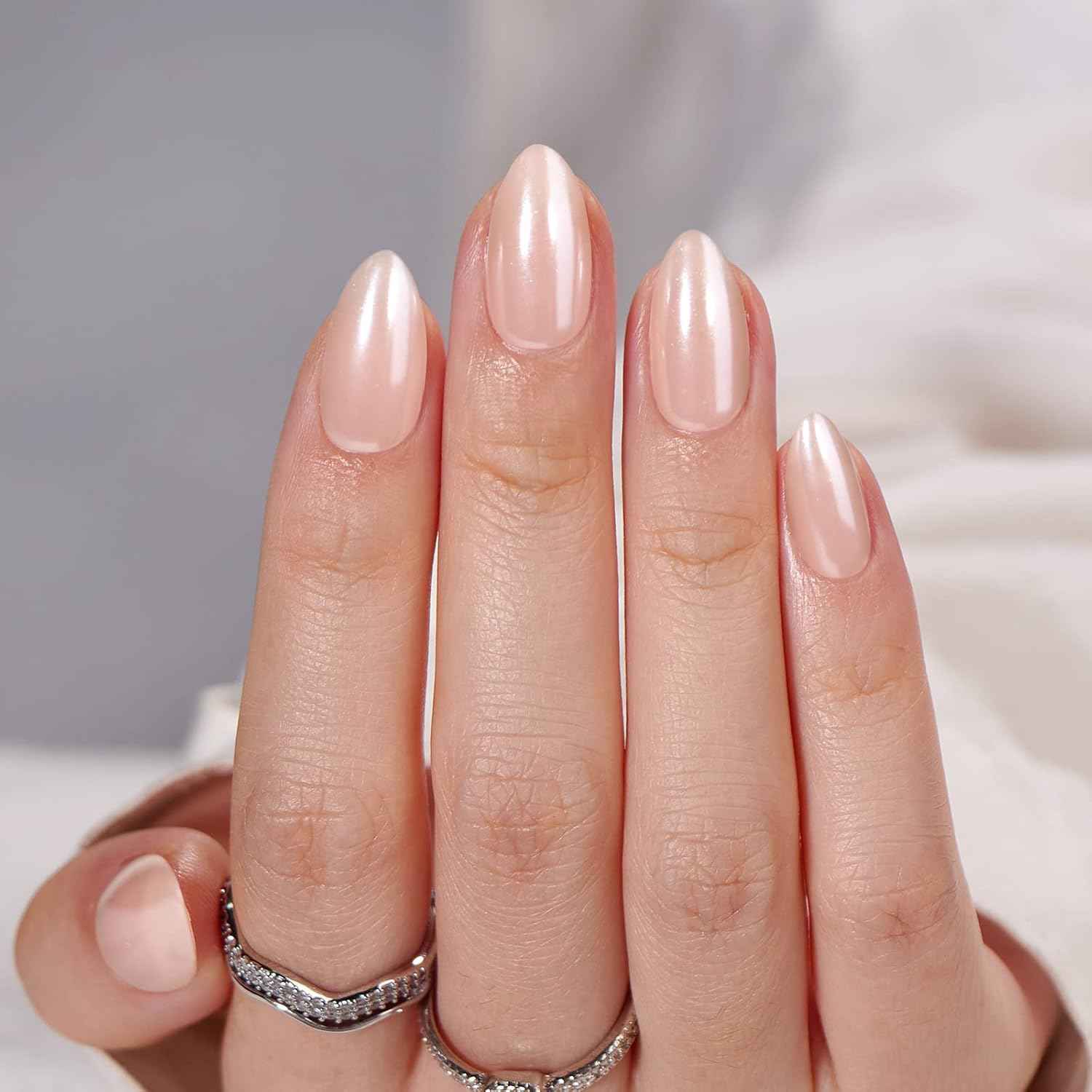 Soft Gel Chrome Press On Nails - Reusable Fake Nails with Glue, Perfect Fit & Stylish Nudies
