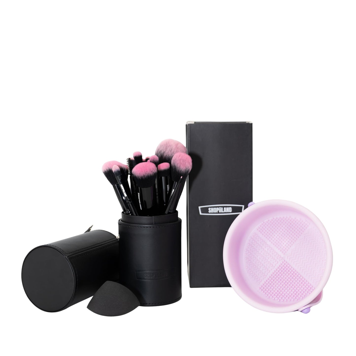 SHOPiiLAND 18-Piece Vegan Makeup Brush Set – Black & Pink Case, Soft Synthetic Bristles, Cruelty-Free, Ideal for Liquid, Powder, Cream & Bronzer; Includes Kabuki, Blender, Blush & Eyeshadow Brushes