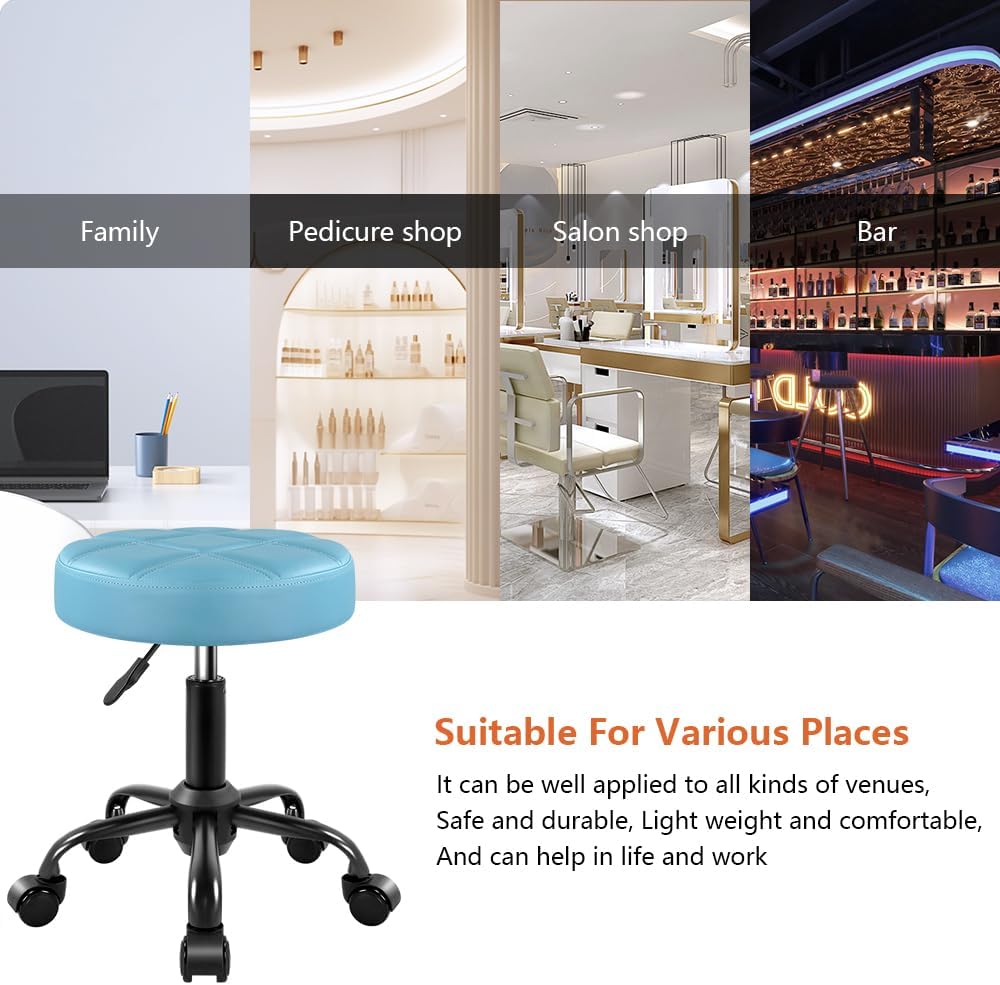 Height Adjustable Rolling Stool Chair - PU Leather, Sky Blue | Perfect for Salon & Spa