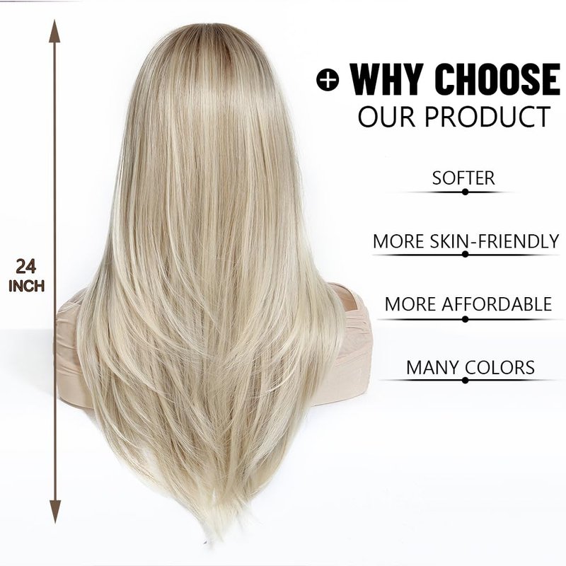 Long Straight Blonde Wig for Women - Ombre Synthetic Hair with Fringe | Perfect for Daily & Party Wear