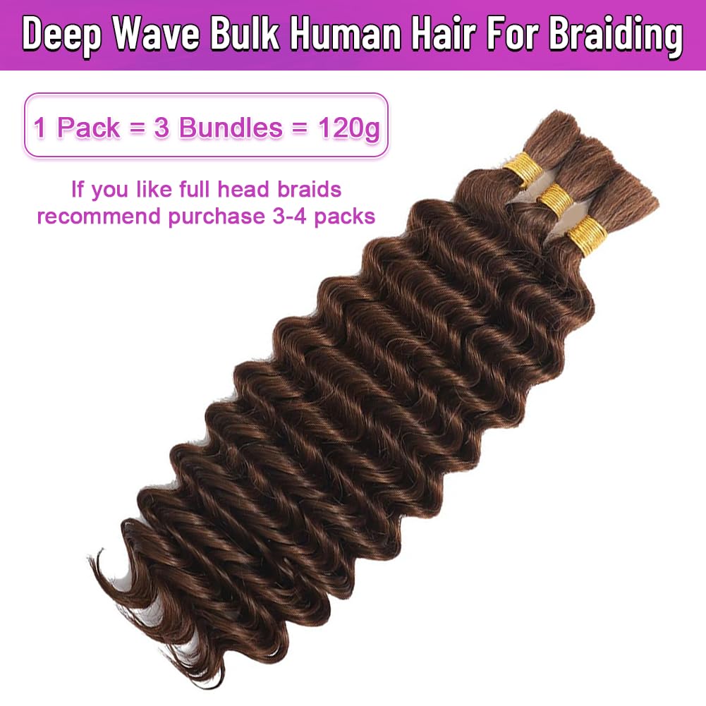 100 Percent Human Boho Braiding Hair Deep Wave Bulk Boho Hair for Braiding Curly Bundles (18inch,#4 Natural Brown)