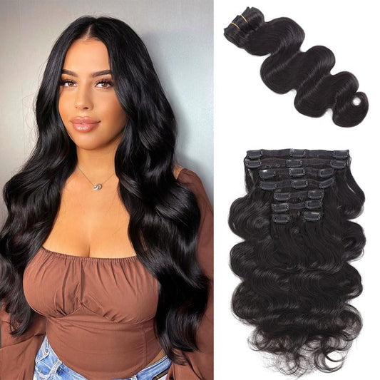 AIWET Body Wave Clip in Hair Extensions Real Human Hair, 8Pcs 120g Wavy Human Hair Clip in Extensions for Women 12A Brazilian Virgin Wavy Human Hair Extensions Clip ins Natural Black (#1B,16 Inch)