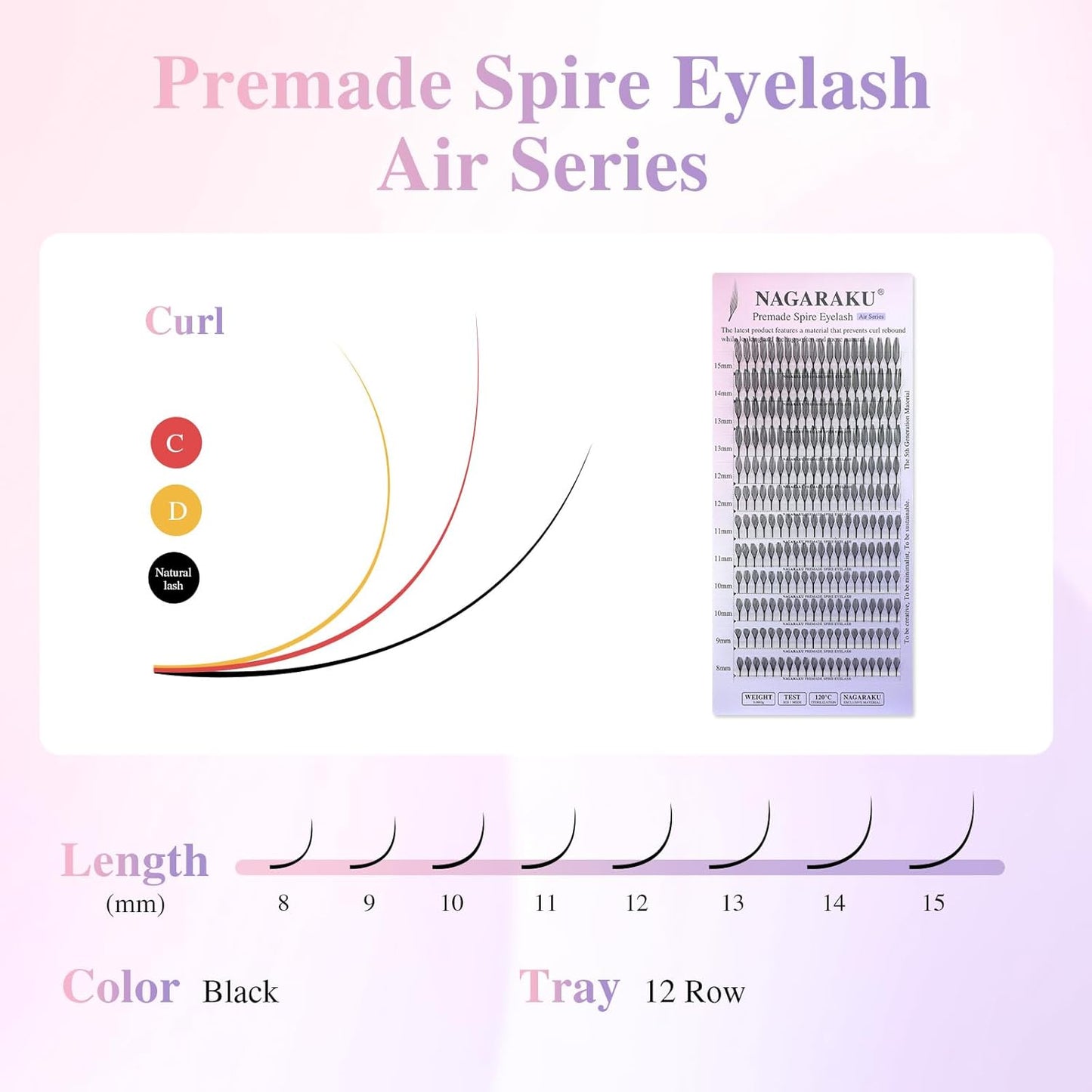 Premade Spire Eyelash Extensions - Feather Shape Manga Lashes | Soft Black, 5 Trays, 8-15mm Mix