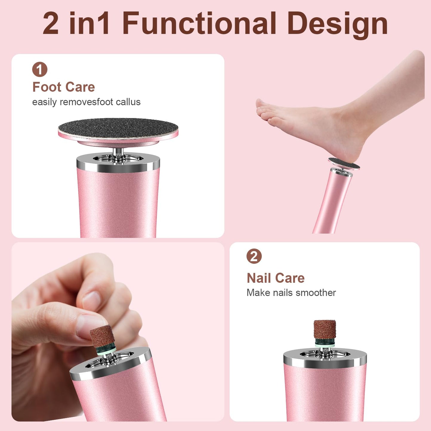 10-in-1 Electric Foot Callus Remover, Adjustable Speed Electric Callus Remover for Feet with 60 Sanding Pads, Foot Callus Remover, Heel Scraper for Cracked Heels (Rose Pink)