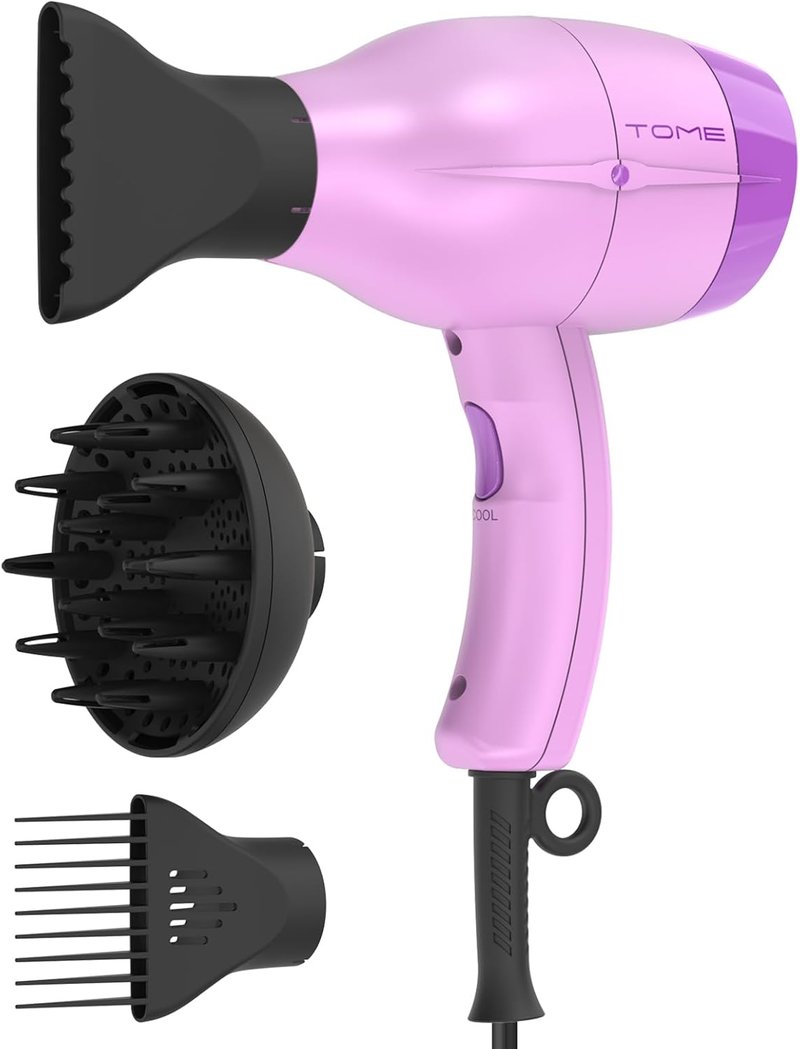 TOME Hair Dryer with Diffuser - 1875W Ionic Blow Dryer with Comb & Concentrator | Fast Drying, 2 Heat & 2 Speed Settings, Purple