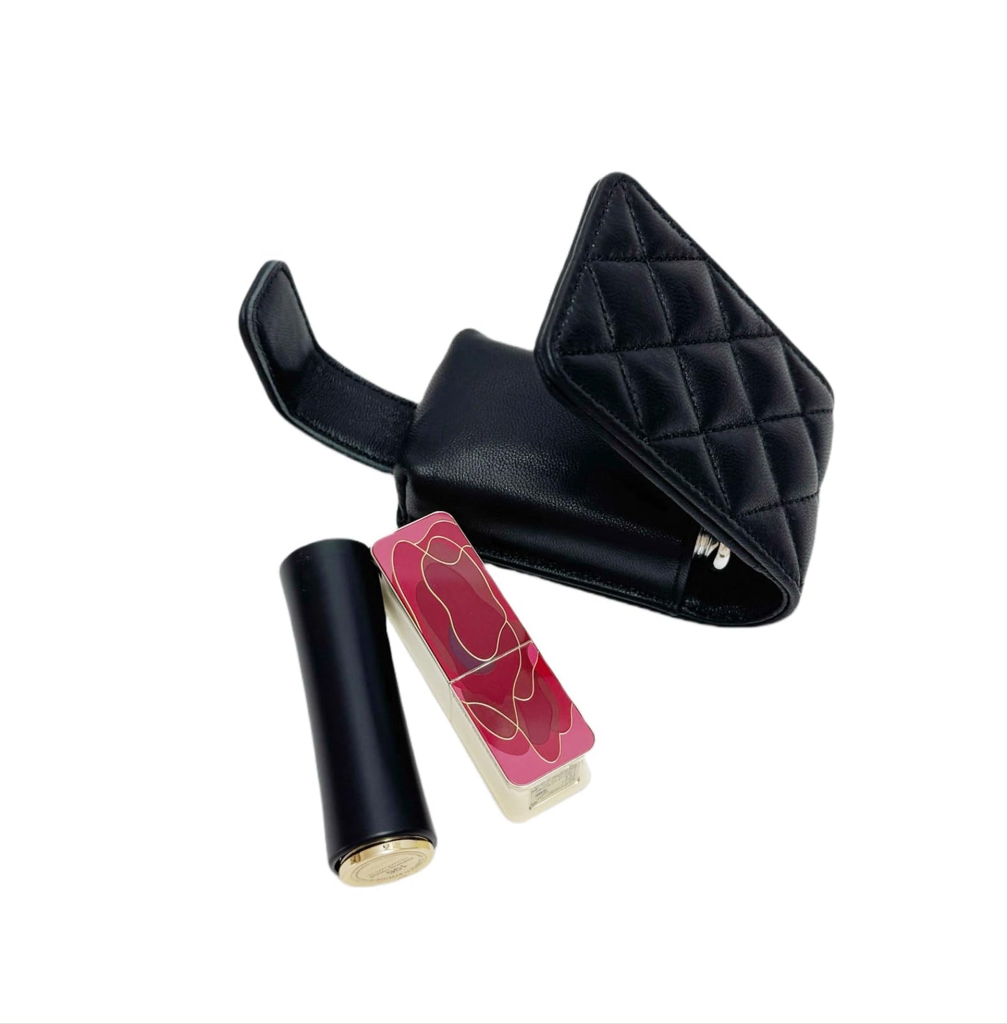 AgentMoon Portable Lipstick Pouch with a Mirror,Genuine Leather Magnetic Snap.Black Rhombus