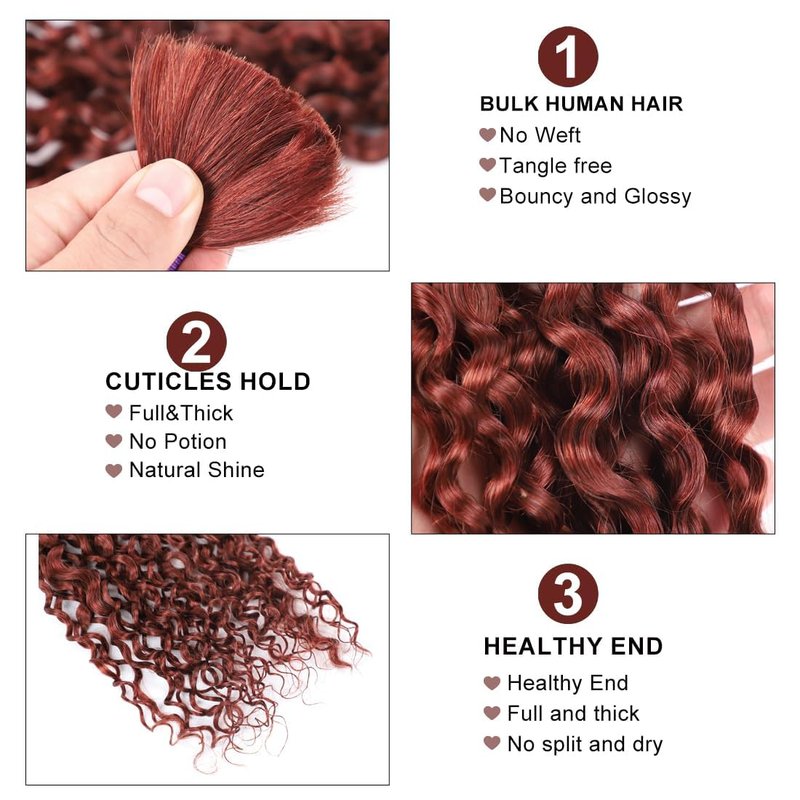 Brown Human Braiding Hair Deep Curly Reddish Brown Human Braiding Hair 14 14 14 Inch Deep Wave Bulk #33 Boho Braiding Hair Extensions