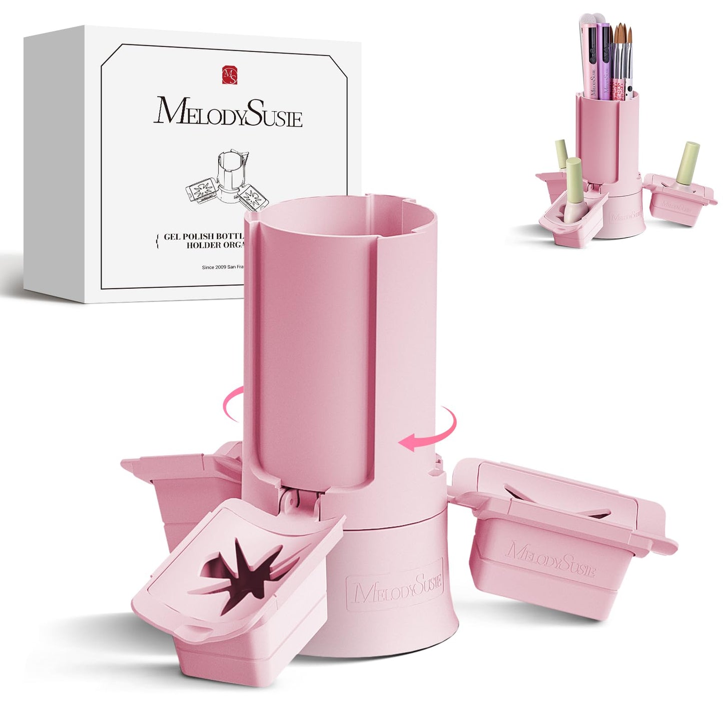 MelodySusie GelCarousel for Nail Polish Bottle Holder and Nail Art Tools Organizer, 360° Rotating Storage Container with 3Pcs Detachable Silcone Gel Polish Holder, Pink(Only Box)