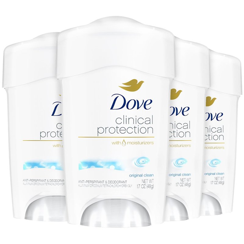 Dove Deodorant for Women, Clinical Protection Antiperspirant, Original Clean 4-Pack – Prescription Strength Wetness Defense with ¼ Moisturizers, 1.7 Oz Ea