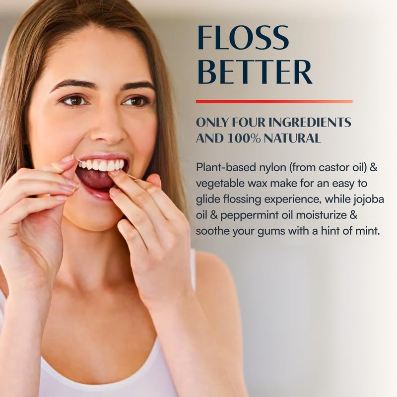 Natural Dental Floss - Refillable Glass Jar | Waxed, Vegan & Eco-Friendly - 100% Plant-Based, 1 Spool