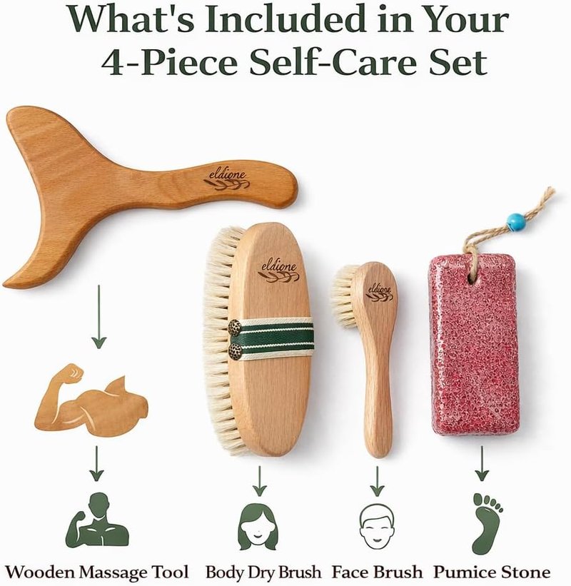 4-Piece Dry Brush Set - Natural Bristle Exfoliating Body & Face Brushes | Includes Pumice Stone & Wooden Massage Tool