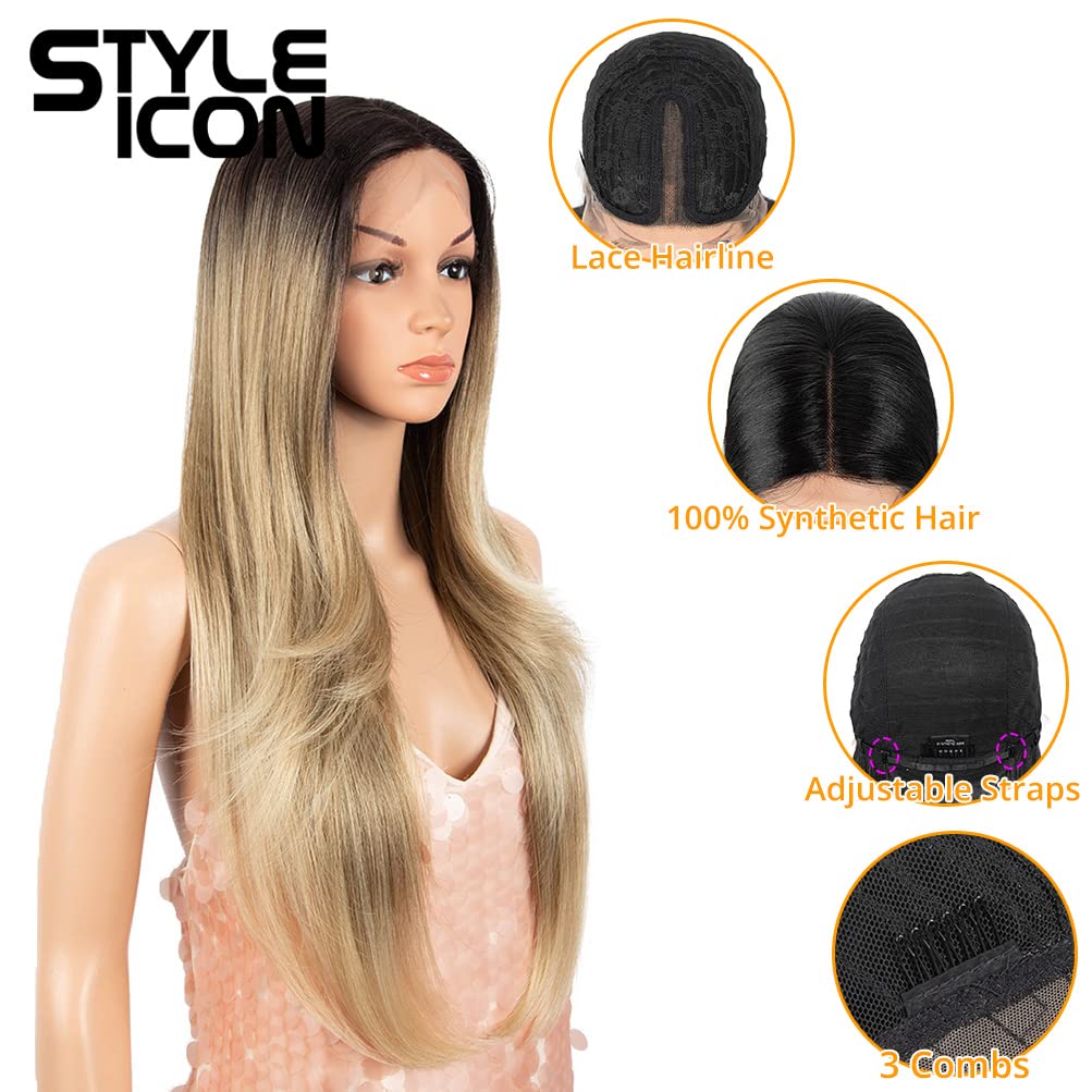 Style Icon 28" Lace Front Wigs Middle Part Lace Wig Long Straight Wig Synthetic Ombre BlondeWig(UPG Lace Wig, SOP22613)