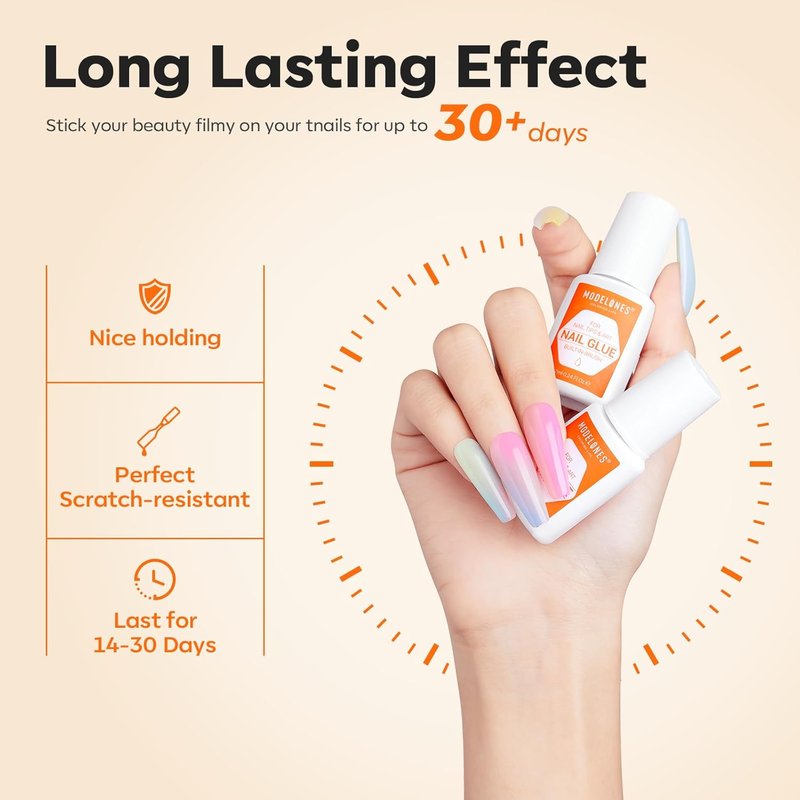 Modelones Nail Glue - Strong Brush-On Adhesive for Press-On Nails | 2pcs, 14ml, Long-Lasting Formula