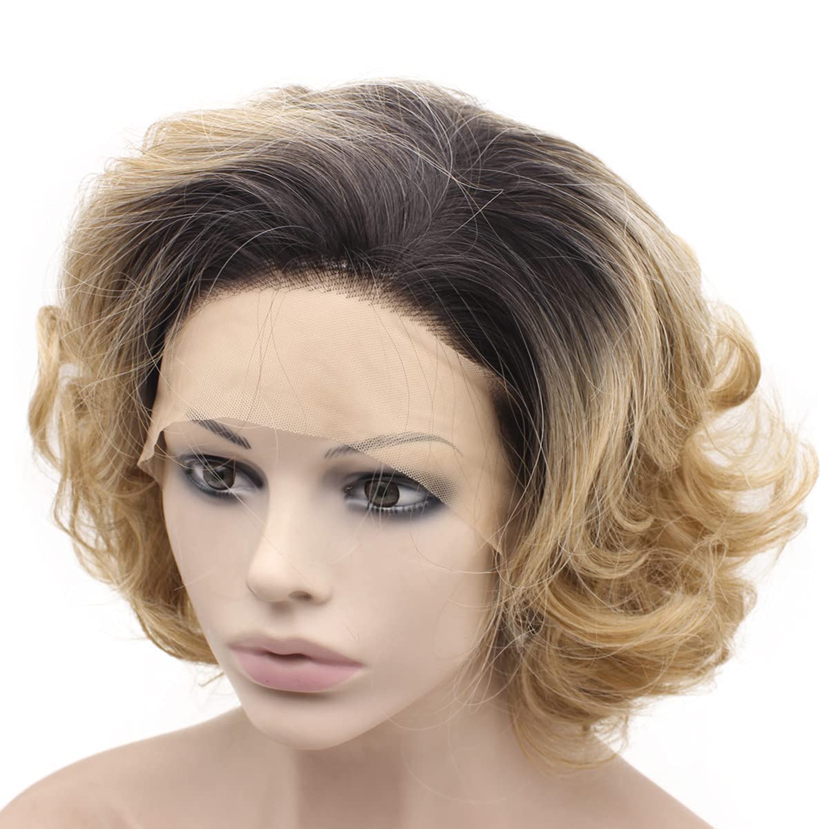 MX angel Dark Roots Blonde Short Curly Synthetic Hair Lace Front Wig Heat Resistant Fiber Hair