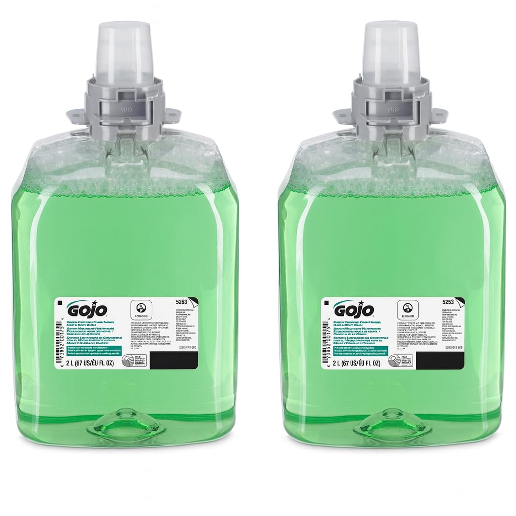 GOJO Green Certified Foam Hand, Hair & Body Wash, Cucumber Melon Scent, 2000 mL Refill FMX-20 Push-Style Dispenser (Pack of 2) - 5263-02