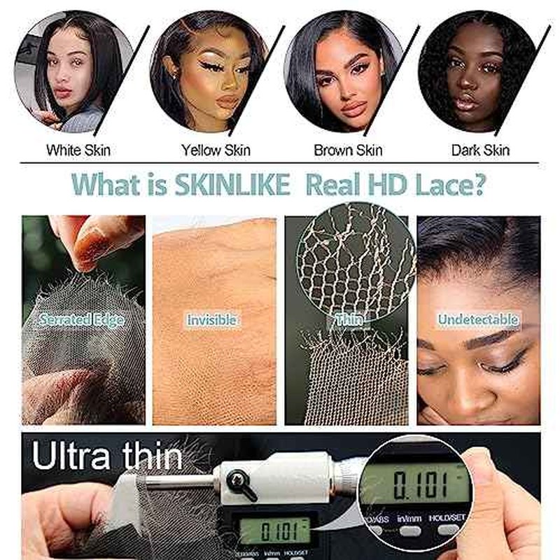 BEEOS 13x6 SKINLIKE Real HD Lace Frontal Bob Wig, Ultra-fitted Pre-Plucked Bleached Knots 180% Density Straight Human Hair Wig Invisible HD Lace 12 Inch