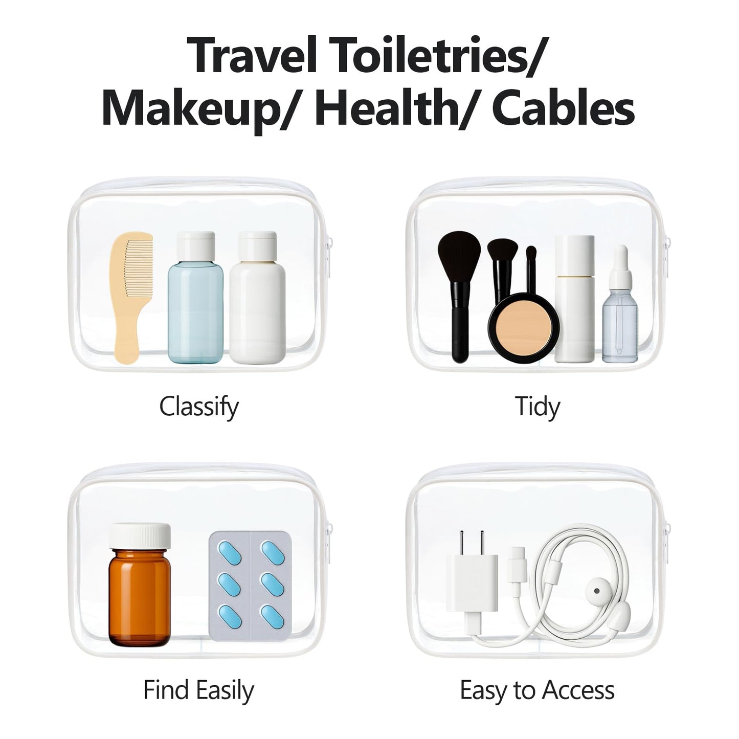 PACKISM TSA Approved Toiletry Bag - Clear Makeup Bag 3 Pack Medium, Metal Smooth Zipper Quart Size Bag for 3-1-1 Liquids, Travel Makeup Bag for Women Men, Airport Airline Compliant Bag, White