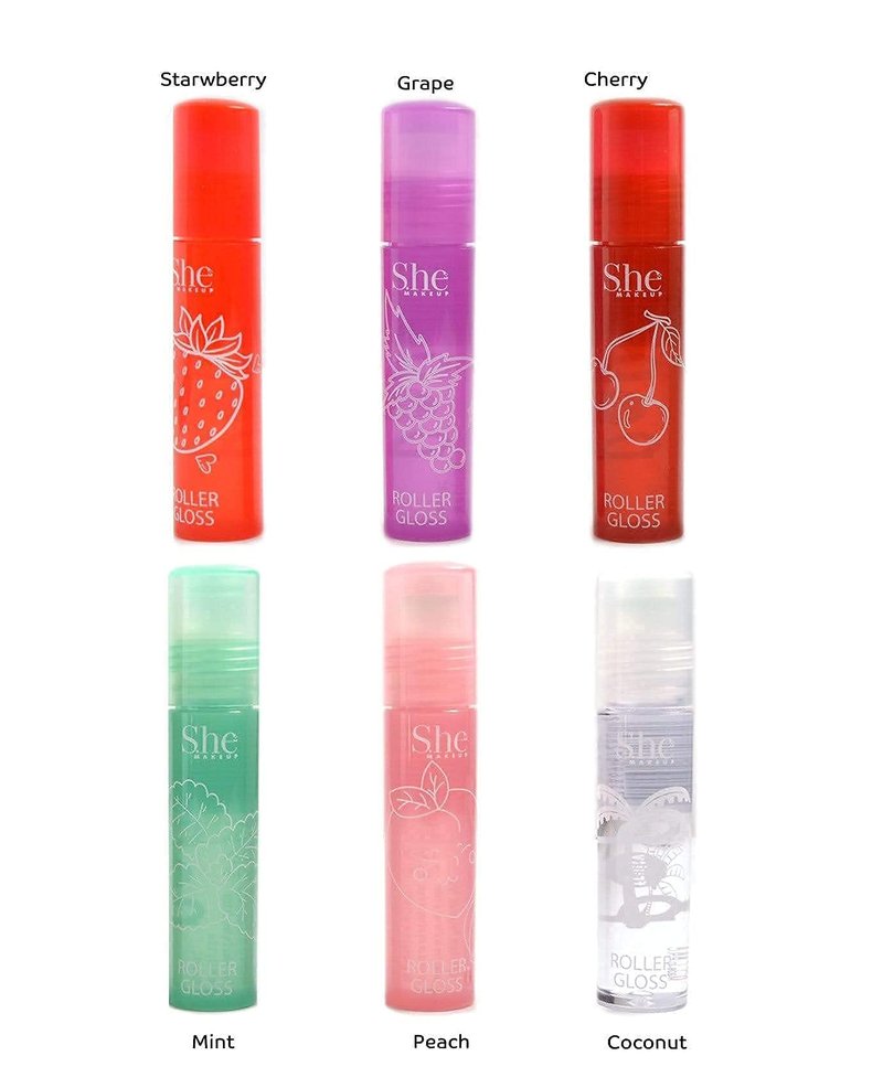 Fruity-Pop Roller Gloss by S.he Makeup; Smooth Glass Like Shine Lip Glosses, Complete Set of All 6 Flavor Scents 0.22oz 6.3g Clear