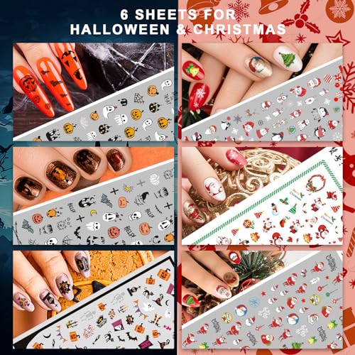 Whaline 18 Sheets Fall Nail Art Stickers All Holiday Nail Decals All Season Halloween Christmas Winter Valentine 4th of July Self-Adhesive Nail Decals for Xmas DIY Manicure Party Decor