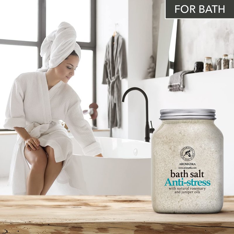 De-Stress Bath Salt 46 Oz - 100% Natural & Pure Salt Essential Oils Rosemary & Juniper - Best for Good Sleep - Relaxing - Calming - Body Care - Beauty - Aromatherapy - Stress Relief