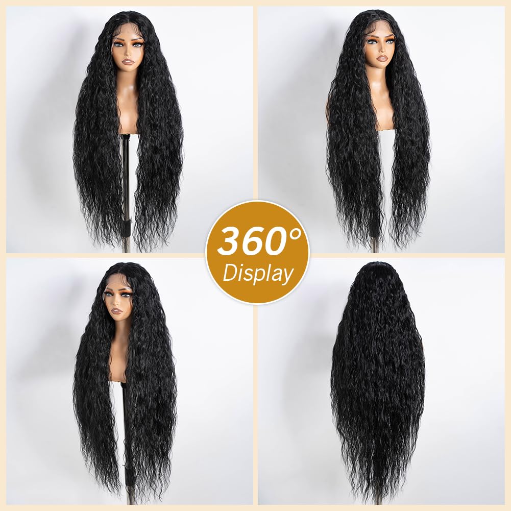 Joedir Hair Super Long Wigs for Women 36 inch Lace Front Wig 5 Inch Middle Parting Synthetic Hair Bohemian Waves (RC1B)