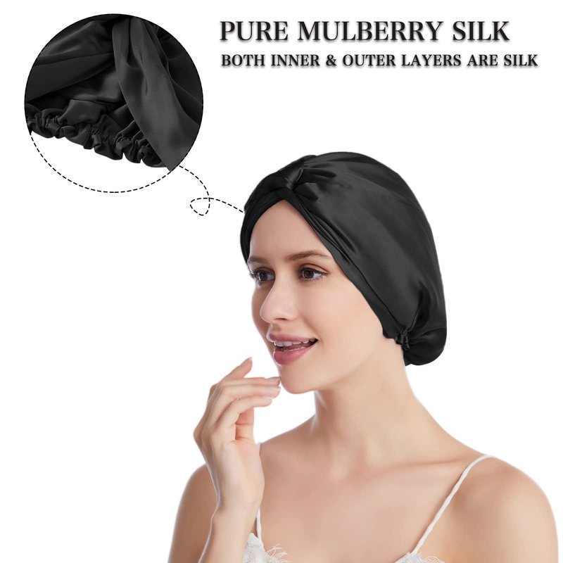 SOBONNY Silk Bonnet for Sleeping 100% Mulberry Silk Sleep Cap for Women Hair Care Night Cap Fixed by The Elastic(1Pc, Black)