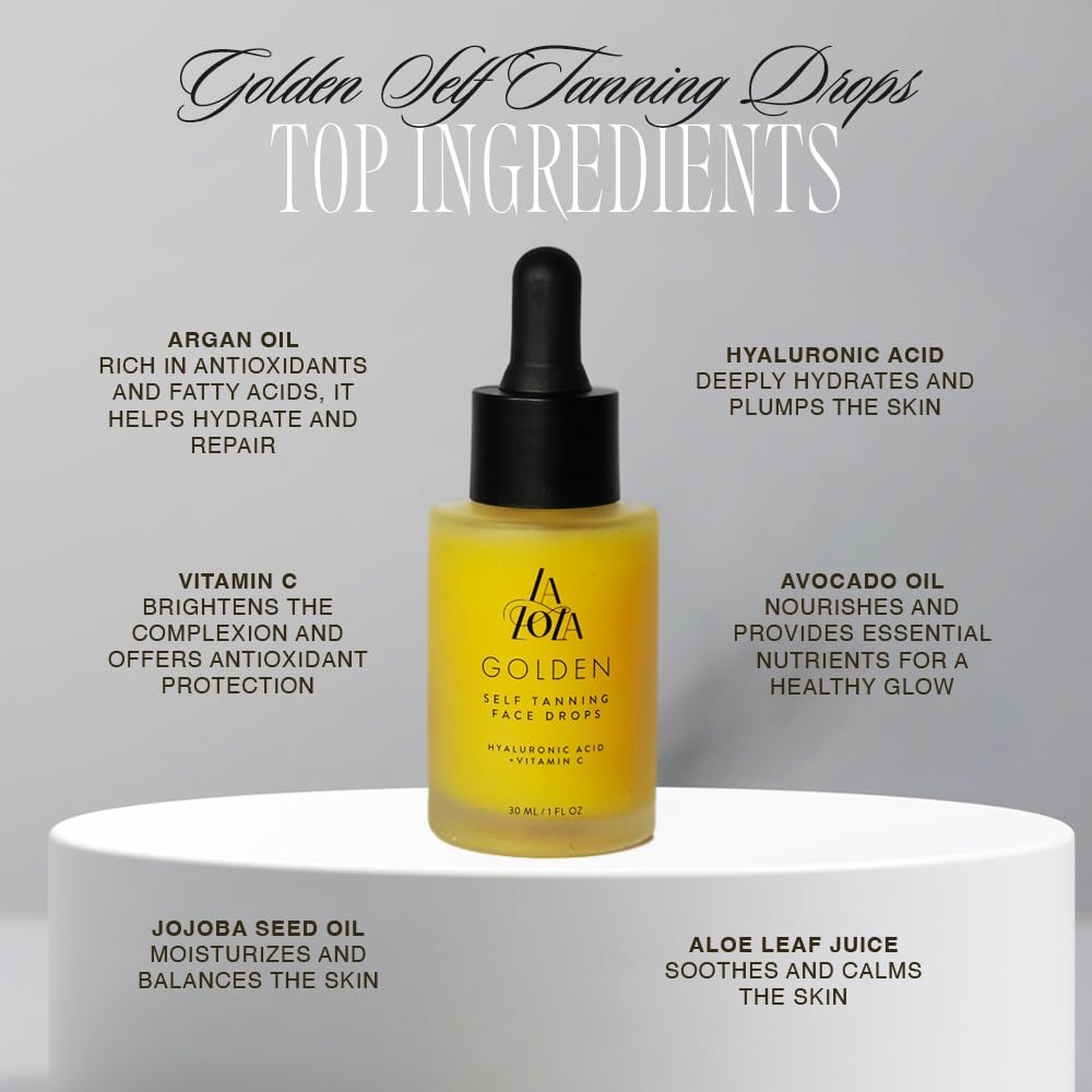 LALOLA Golden Face Tanning Drops - USA-Made Self Tanner with Vitamin C & Hyaluronic Acid | Natural, Non-Toxic Bronzing Solution