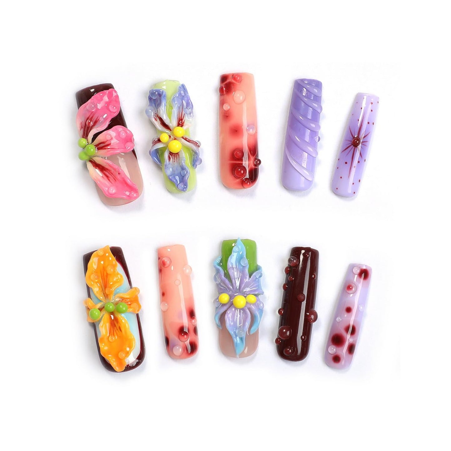 Handmade Flower Press On Nails - Gradient Floral 3D Waterdrop Design | Long Coffin Multicolor Acrylic Nails (Size M)