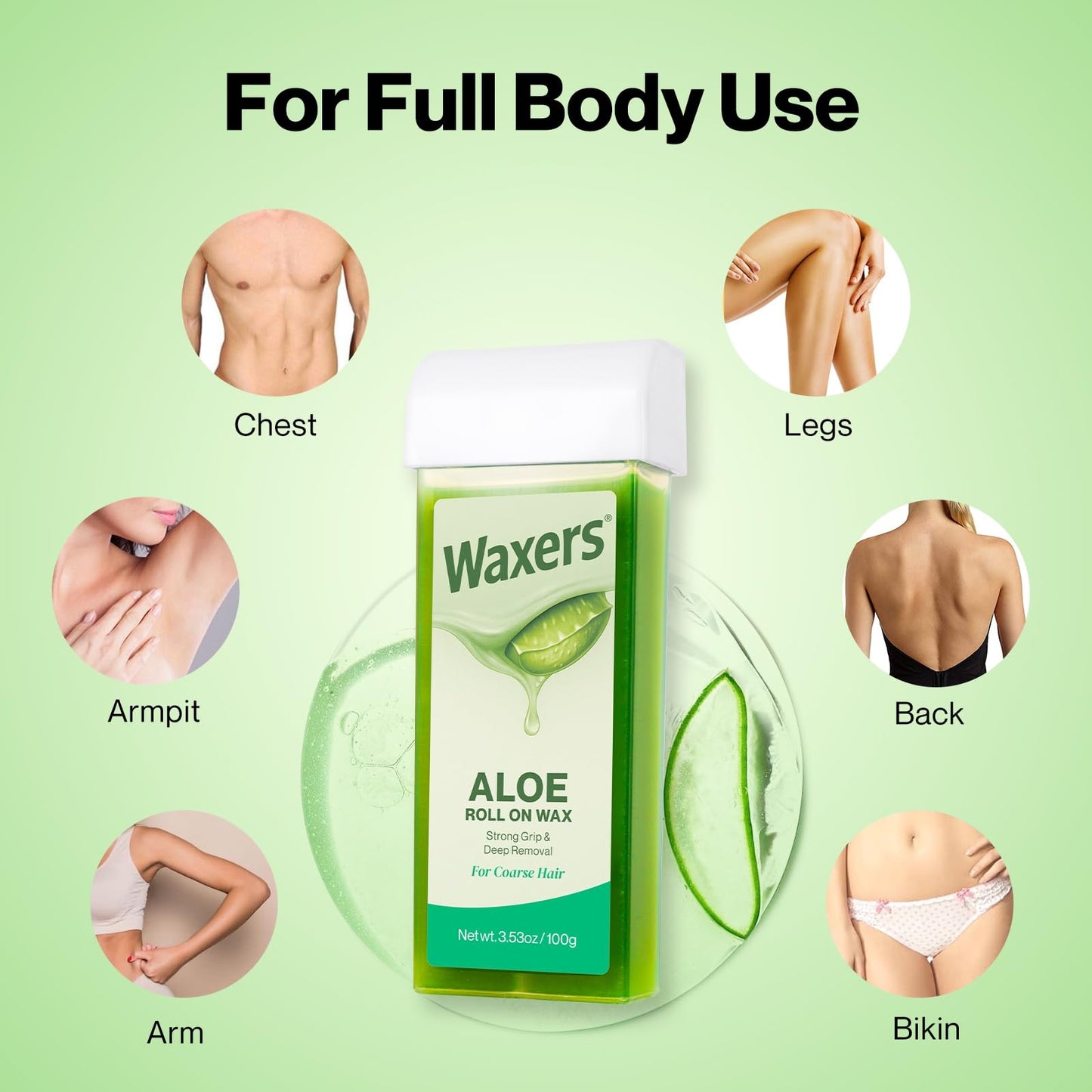 Waxers Roll on Wax Kit Aloe Vera Waxing Roller Depilatory for Women & Men Waxing Kit for Hair Removal for Larger Areas at Home with Heater & Strips