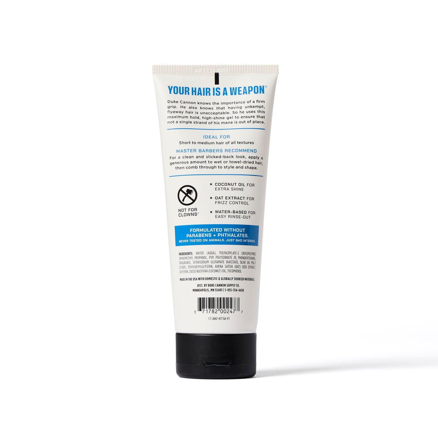 Duke Cannon Firm Grip Hair Gel, 7 oz – Maximum Hold, High Shine, Alcohol-Free, Water-Based Formula with Coconut Oil & Oat Extract, Ideal for Short to Medium Styles
