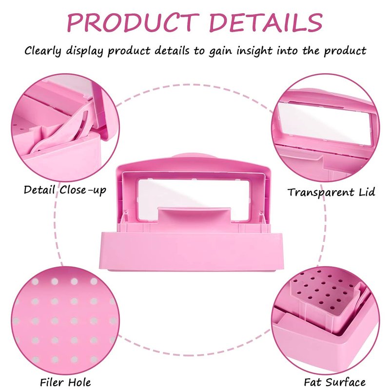 Gusnilo Sanitizing Tray - Disinfectant Container Nail Tool Sterilizer Box Plastic Sanitizing Box for Nail Tools, Hair Salon,Spa (Clear Lid, Pink)