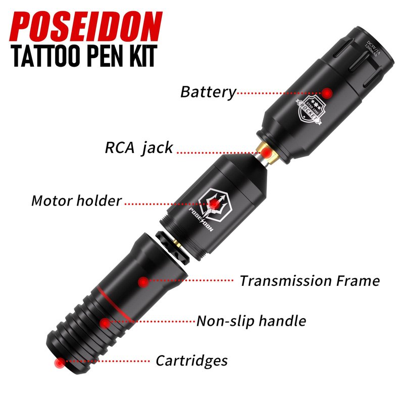 POSEIDON Cordless Rotary Tattoo Machine Kit with 20 Tattoo Cartridge Needles, Ink Set & 2 Rechargeable Batteries | Professional Portable Tattoo Gun for Beginners | Complete Starter Supplies(HM073)