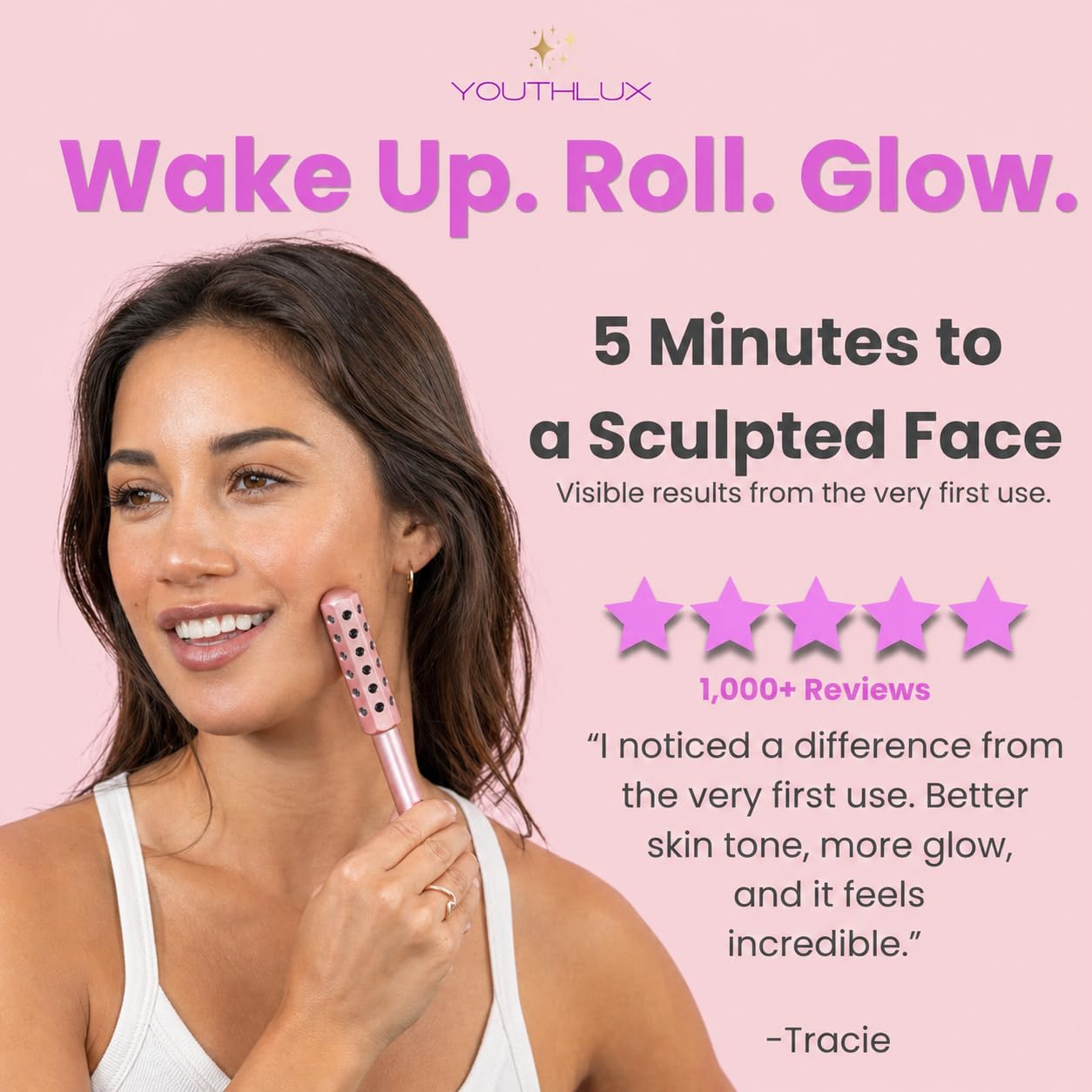 YOUTHLUX Radiance Roller – Germanium Stone Facial Massage Tool/Wand Face Roller for Lifting, Sculpting, De-Puffing, Glow Boost, Energizing & Cooling Effect (Rose Gold)