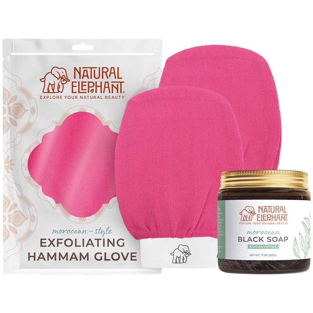 Natural Elephant Moroccan Black Soap - 200g (7oz) with Exfoliating Hammam Glove Combo | Pink Tulip