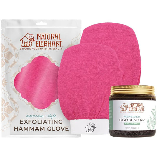 Natural Elephant Moroccan Black Soap - 200g (7oz) with Exfoliating Hammam Glove Combo | Pink Tulip