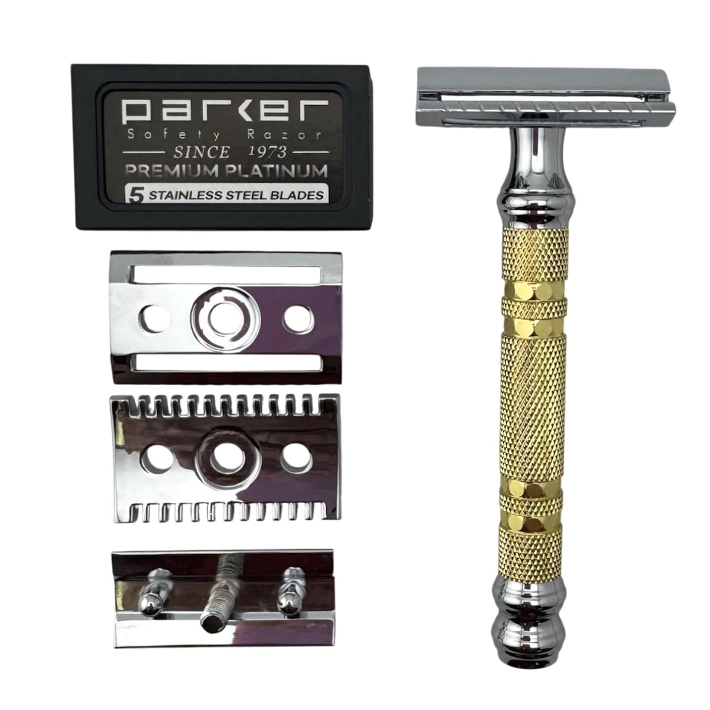 Parker Double Edge Safety Razor - Interchangeable Open & Closed Comb Plates | Solid Brass/Chrome 93g Handle, Customizable Shave Experience