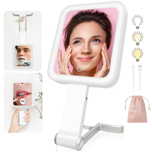 Portable Travel Makeup Mirror with Lights, Double Sided 1X/10X Magnifying Mirror, 3 Color Adjustable Lighting Touch Screen, Rechargeable Lighted Beauty Mirror, Tabletop Handhold Hanging (White)
