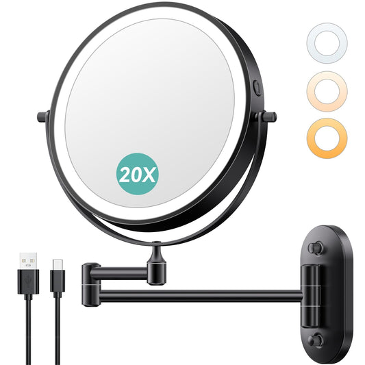 Auxmir 8'' Wall Mounted Makeup Mirror，1X/20X Rechargeable Magnifying Mirror