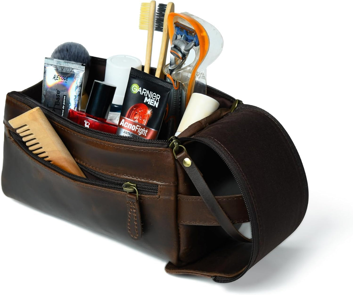 Leather Toiletry Bag for Men - Handmade Travel Kit with Durable Waxed Canvas Lining | Small Brown Shaving Organizer