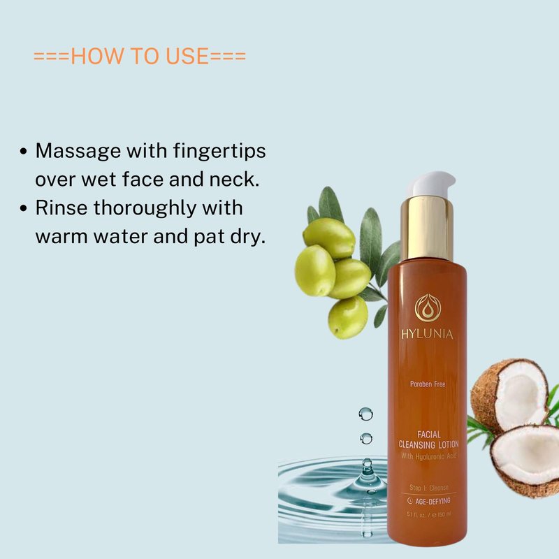 Hylunia Skincare Gentle Cleansing Lotion 5.1 oz with Hyaluronic Acid & Olive Oil Squalene – Hydrating, Non-Drying, pH Balanced Facial Cleanser for Sensitive & Mature Skin, Makeup Remover
