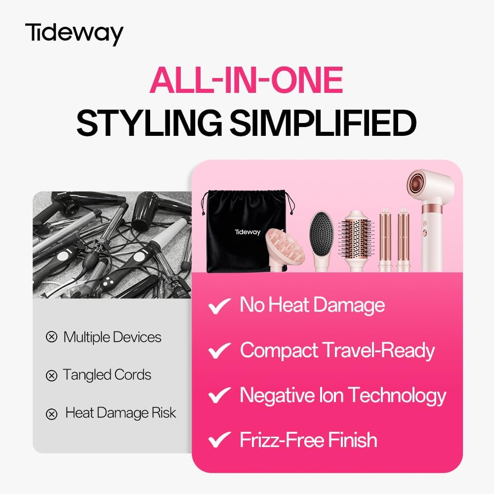 Tideway Prowaver 6-in-1 Hair Dryer Brush | High-Speed Ionic Hot Air Styler for Fast Drying & Volumizing